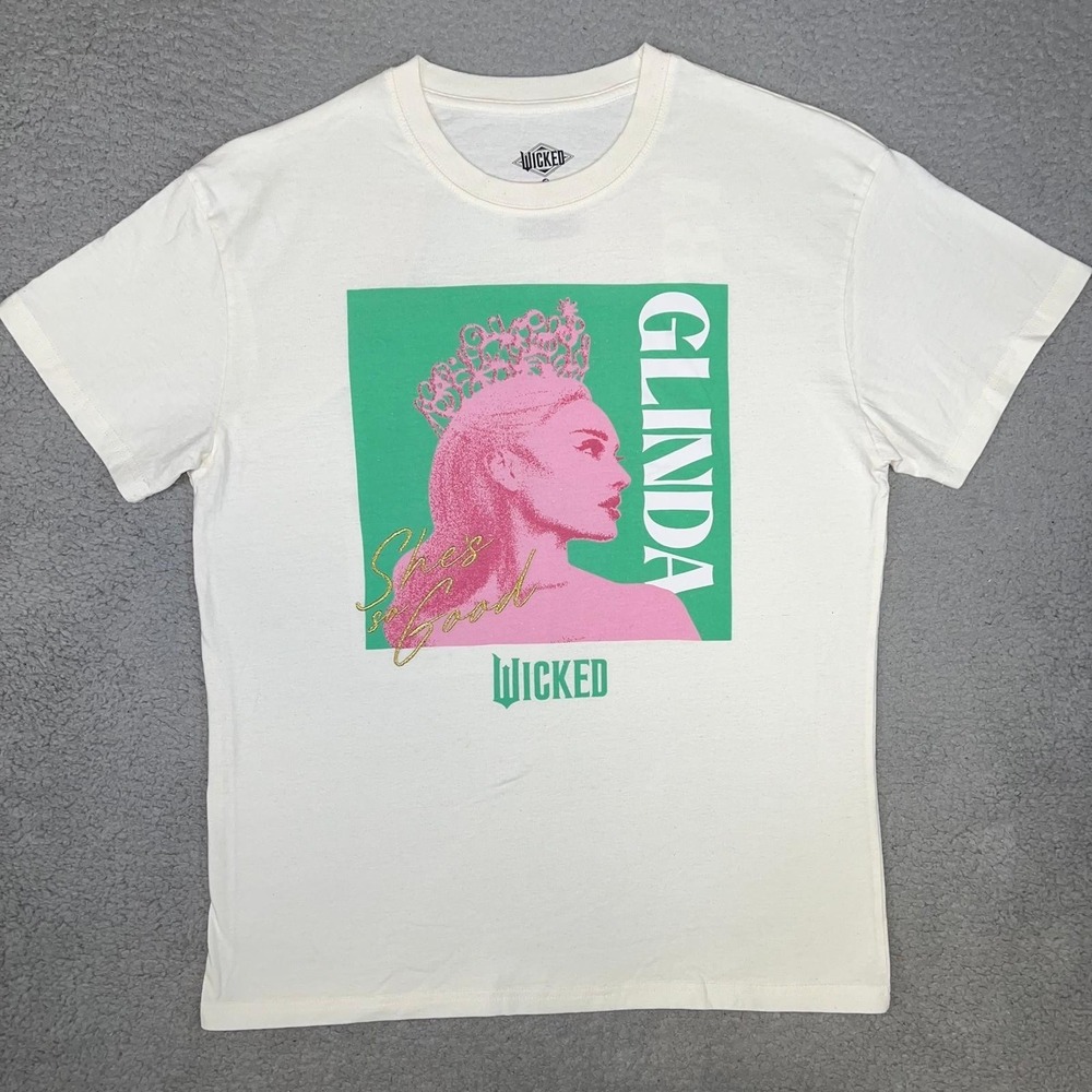 Universal Studios Wicked Glinda Elphaba T Shirt Womens Sz L White Glitter 2-Side